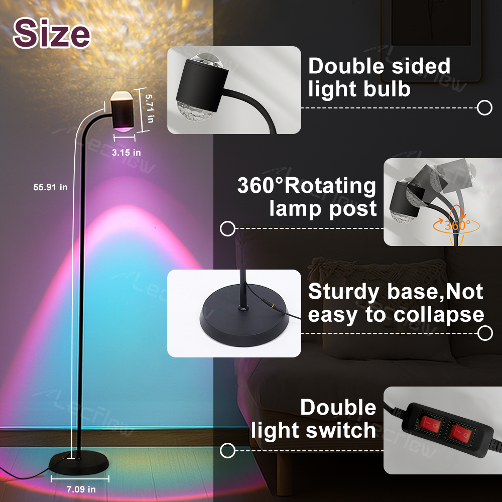 Sunset Projection Lamp Double-Sided LED Floor Light Water Ripple Effect Corner Light for Bedroom/Living Room/Dining Room
