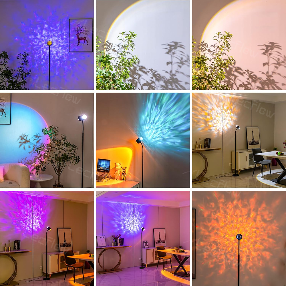 Sunset Projection Lamp Double-Sided LED Floor Light Water Ripple Effect Corner Light for Bedroom/Living Room/Dining Room