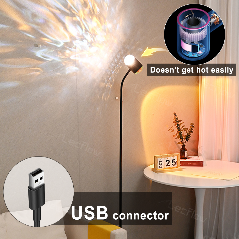 Sunset Projection Lamp Double-Sided LED Floor Light Water Ripple Effect Corner Light for Bedroom/Living Room/Dining Room