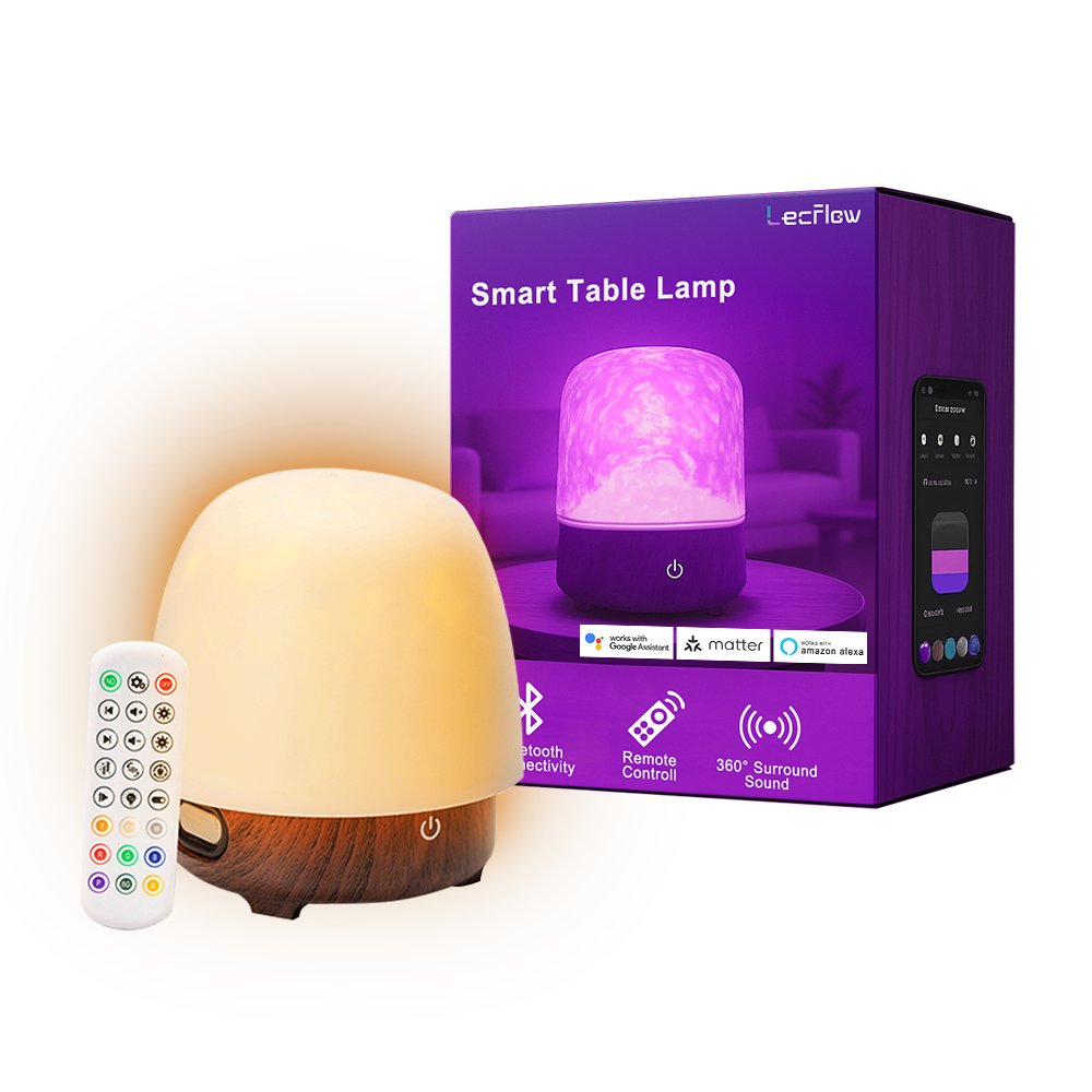 Smart Table Lamp 2-in-1 Ripple Projection Light+Night Light Bluetooth White Noise Machine with Speaker for Bedroom/Kids’ Room