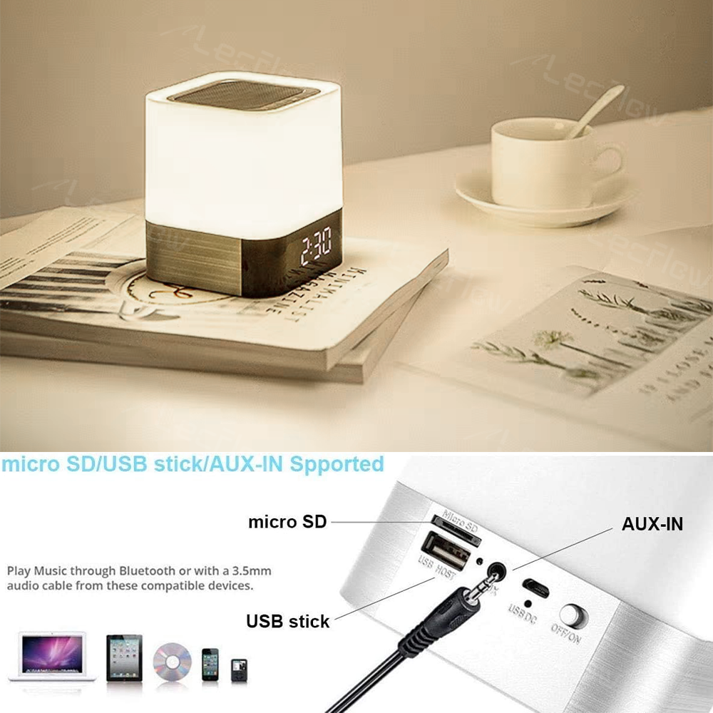 Multi-Color Night Lamp LED Alarm Clock Bedside Lights MP3 Player with Bluetooth Speaker for Bedroom/Kids’ Room