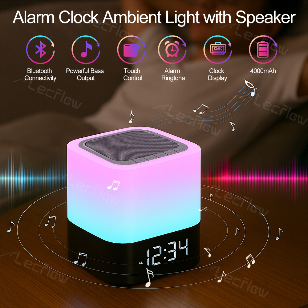 Multi-Color Night Lamp LED Alarm Clock Bedside Lights MP3 Player with Bluetooth Speaker for Bedroom/Kids’ Room