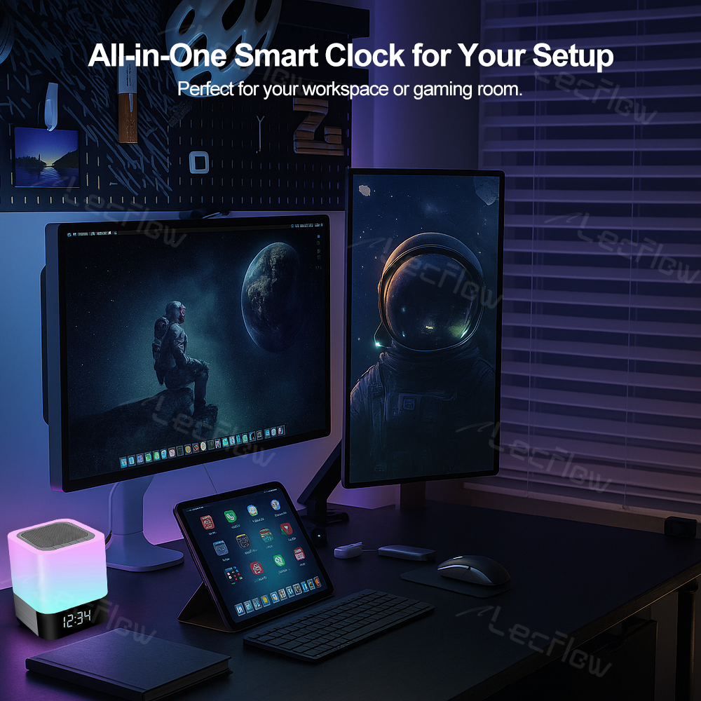 Multi-Color Night Lamp LED Alarm Clock Bedside Lights MP3 Player with Bluetooth Speaker for Bedroom/Kids’ Room