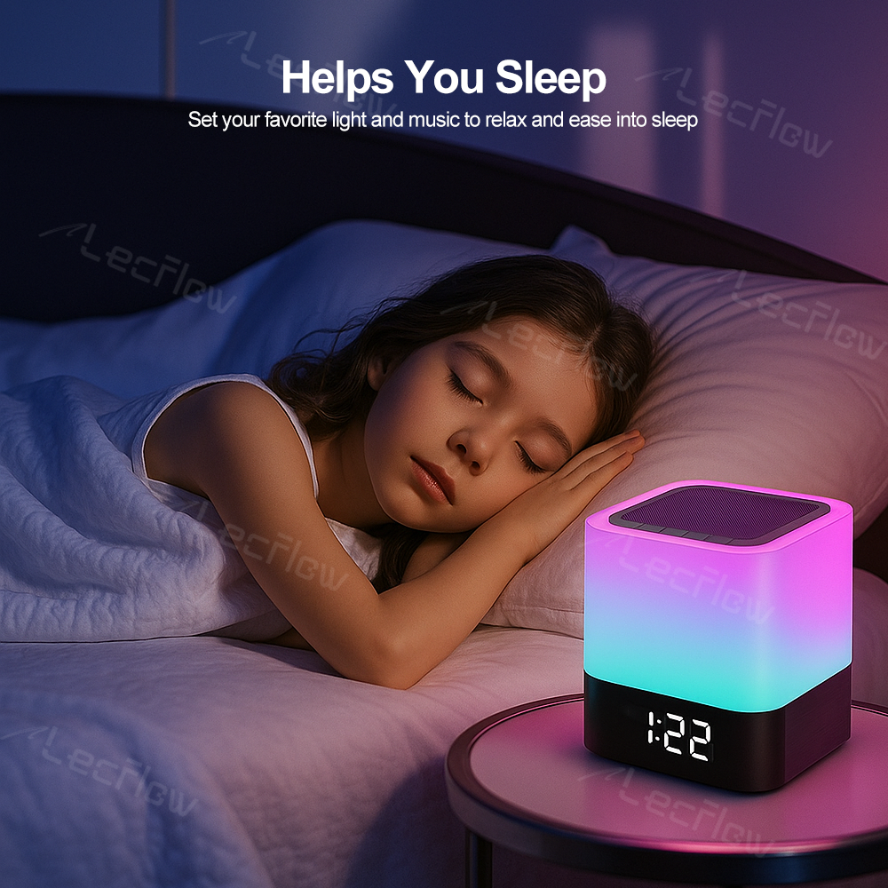Multi-Color Night Lamp LED Alarm Clock Bedside Lights MP3 Player with Bluetooth Speaker for Bedroom/Kids’ Room
