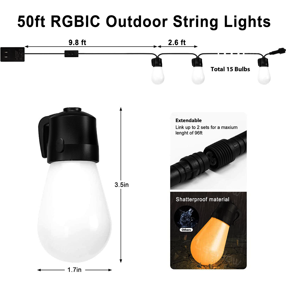 Smart LED Outdoor Bulb String Lights RGBIC Weatherproof Yard Lights
